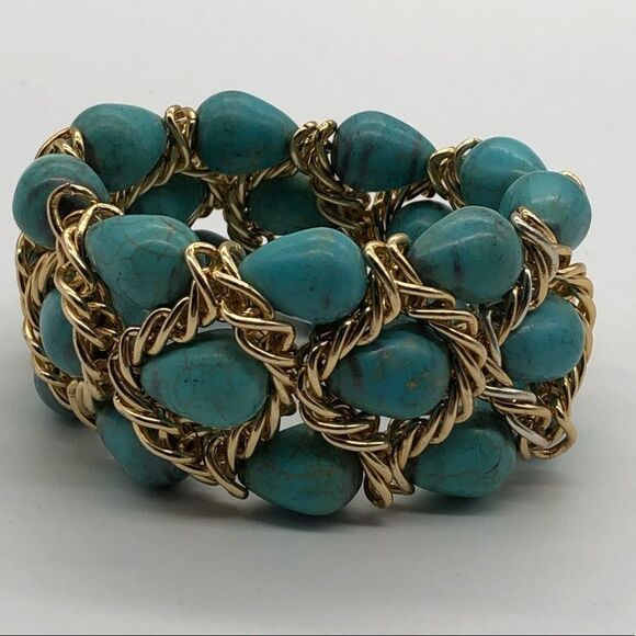 Turquoise & Gold Tone links Stretch Bracelet - Picture 1 of 3
